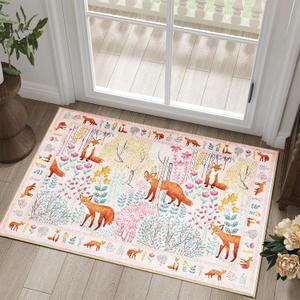 Estmy Woodland Forest Rug Washable, Thin Profile Cute Pink 2x3 Non Slip Abstract Nature Inspired Rug Aesthetic Botanical Floral Animals Accent Area Rugs for Bedroom Bathroom Kitchen Dorm