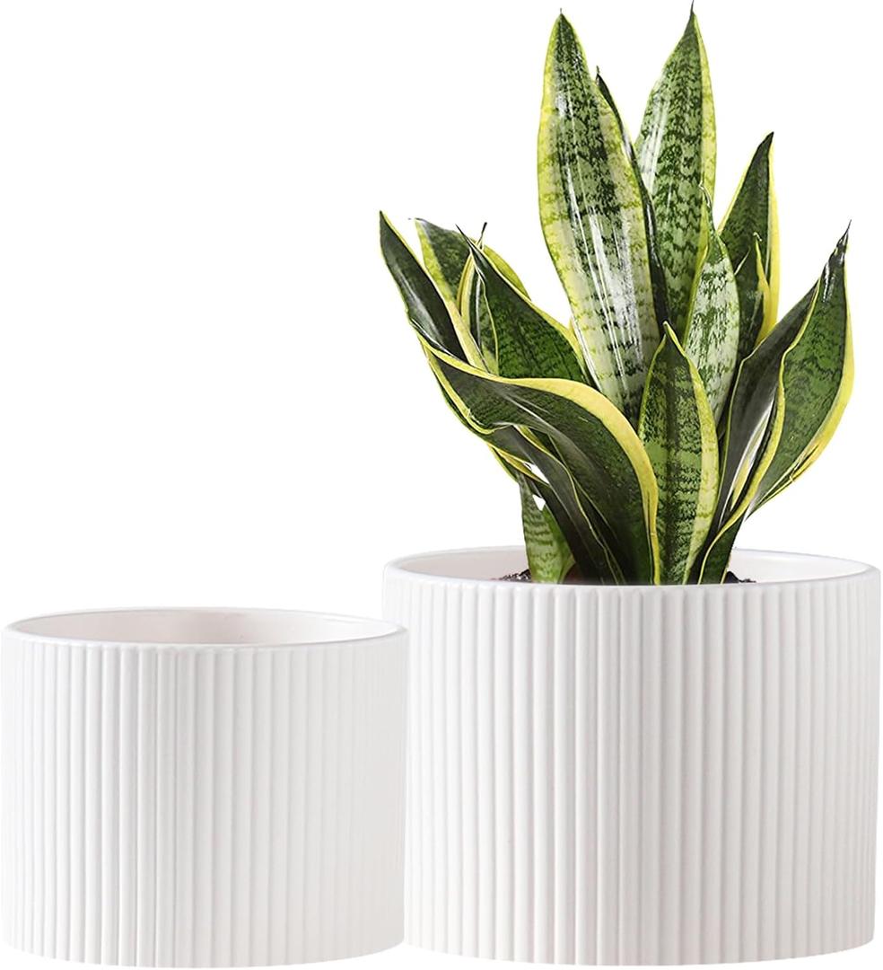 Ceramic Plant Pots, 8.1 + 6 Inch Planters for Indoor Plants, Modern Flower Pots for Plants with Drainage, Medium Cylinder Flower Pots for Indoor Plants, House Plants, Matte White
