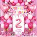 2nd Birthday Decorations for Girls, Hot Pink Balloons with Happy Birthday Banner, Fringe Curtain, Cake Topper, Glue, Ribbon