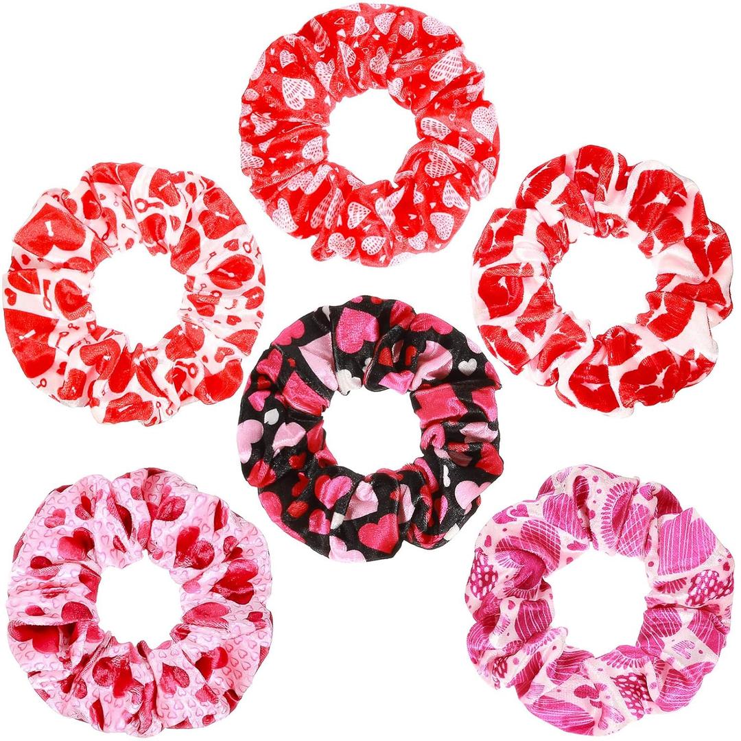 6 Pieces Valentine Hair Scrunchies Love Heart Hair Ties Hairs Rope Valentine Romantic Hairs Band Accessory Velvet Elastic Ponytail Holders Party Favor Valentine's Day Ties for Girls Women Gifts
