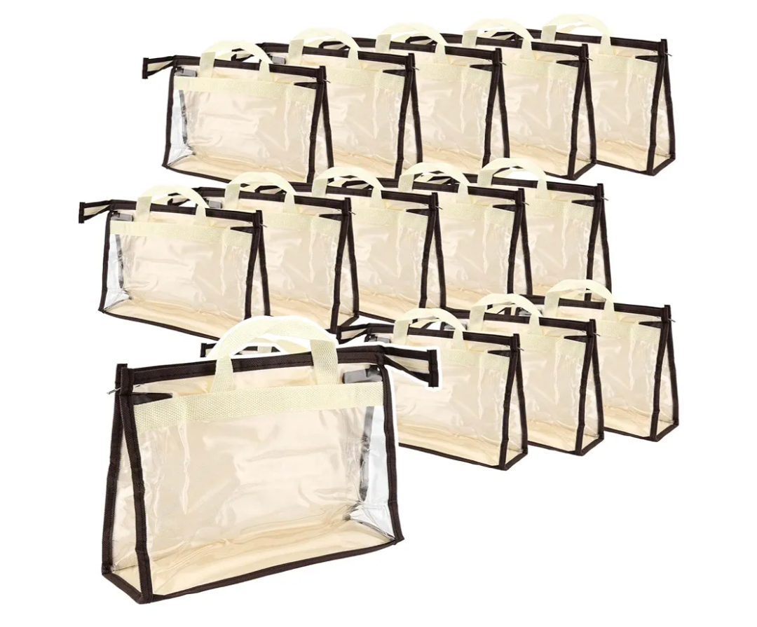 18 Pack 3 Sizes Clear Handbag Storage, Clear Purse Protector Bag with Zipper and Handle Purse Storage Dust Bags for Closet, Beige and Clear