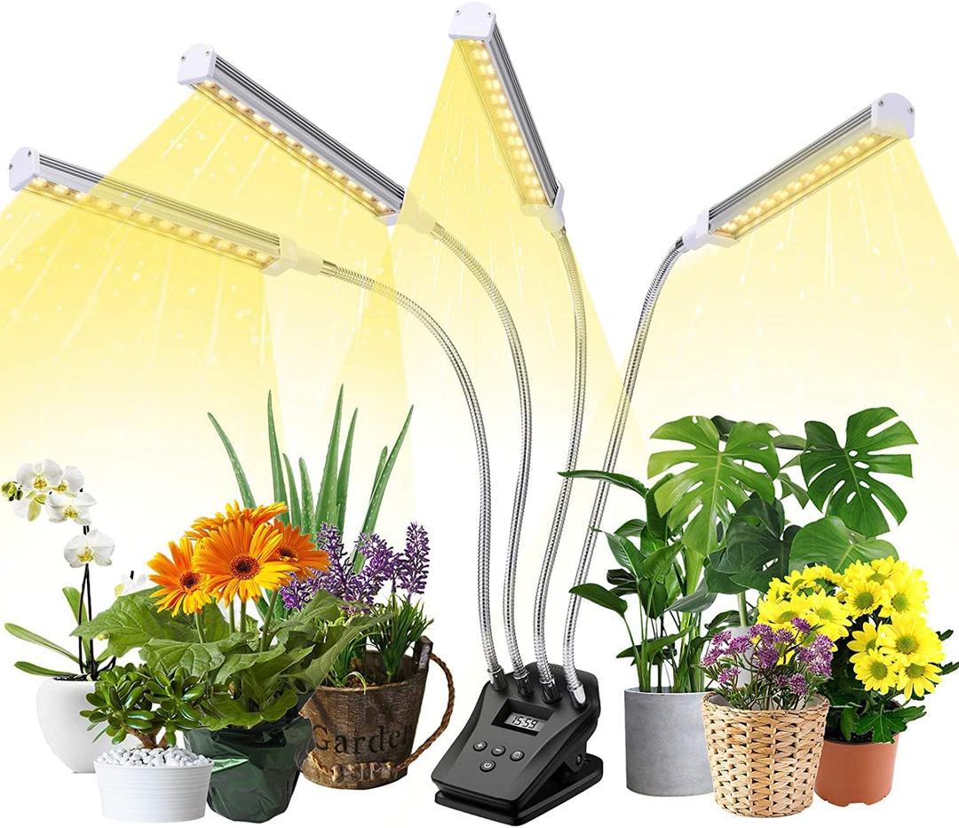 Grow Lights Full Spectrum, 4-Head Plant Lights for Indoor Growing with 360 Flexible Gooseneck, 192 LEDs Clip Grow Lamp with Any Time Timer Function, 0-100% Stepless Dimming, Ideal for Indoor Growth