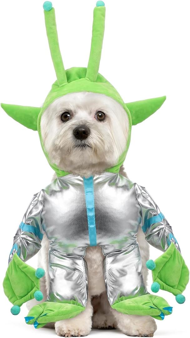 Huhumy Green Alien Costume for Small Dog, Medium Dog Halloween Astronaut Outfits Alien Pet Costume Cute Hooded with Reflective Outfits for Puppy Kitten Halloween Cosplay Party(M)