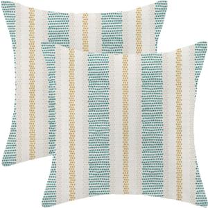 Aqua Teal Mustard Yellow Outdoor Pillow Covers 18 x 18 Inch, Beige Polka Dots Striped Decor Throw Pillows for Couch Bed, Boho Modern Farmhouse Decorative Pillowcase Linen Cushion Cover Set of 2