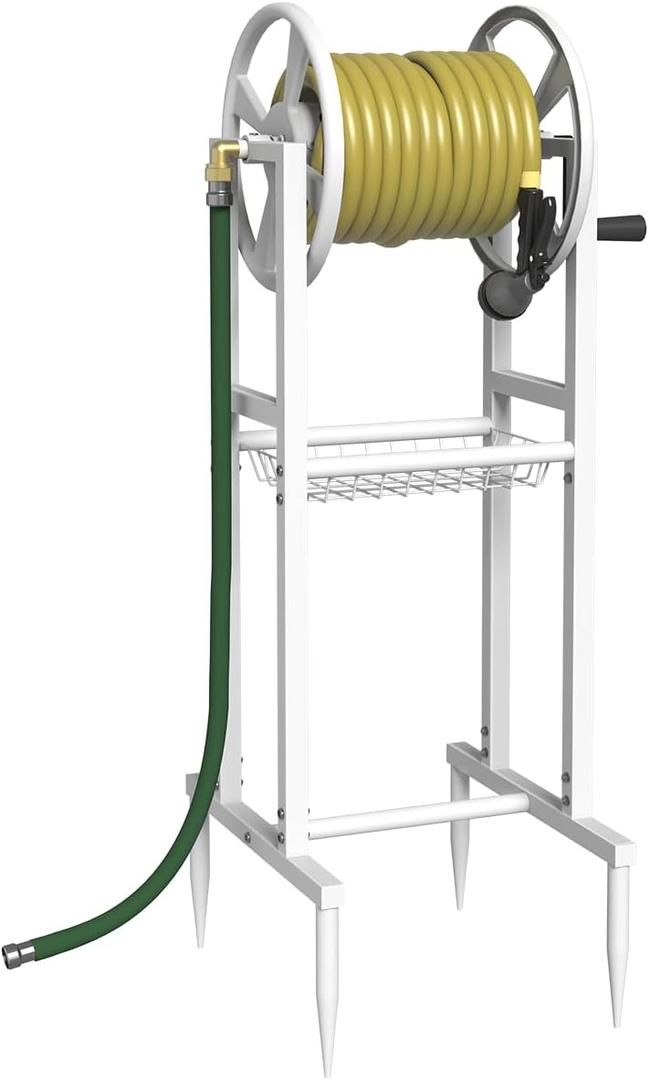 Garbuildman Ground Mount Garden Hose Reel Holds 125 Feet of 5/8-Inch with 3.9 ft Leader Hose, Brass Fitting, Water Hose Holder Stand with Storage Rack & 4 Spikes Base for Outdoor Lawn, White
