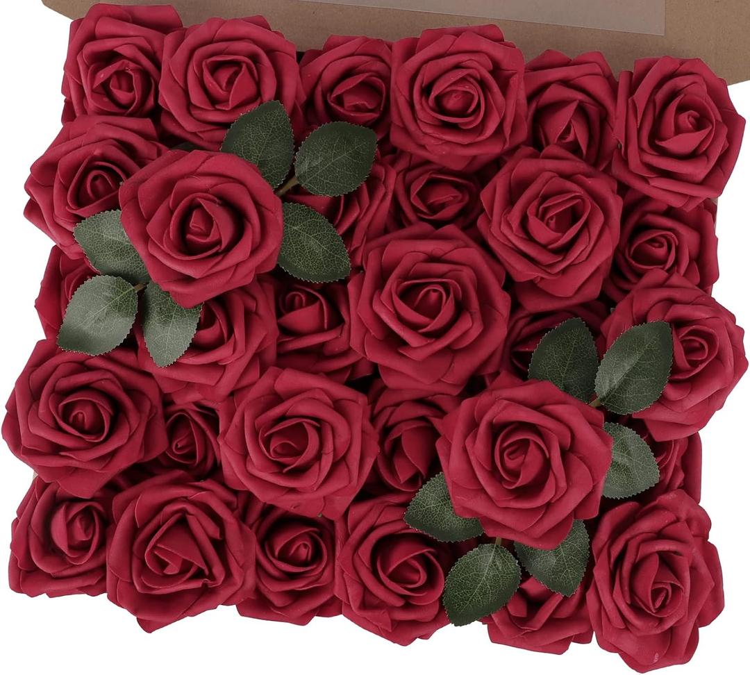 MACTING Artificial Rose Flowers 30PCS Real Touch Fake Flowers with Stem Foam Roses for DIY Wedding Bouquet Backdrop Table Centerpieces Arrangements Crafts Party Home Valentines Day Decorations,Red (Dark Red-1)