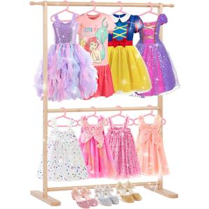 Bamboo Kids Clothing Rack with Dual Poles, Child Dress Up Rack, Clothing OrganizerRack, Small GarmentRack, Perfect for Costumes and Accessories (Natural color)