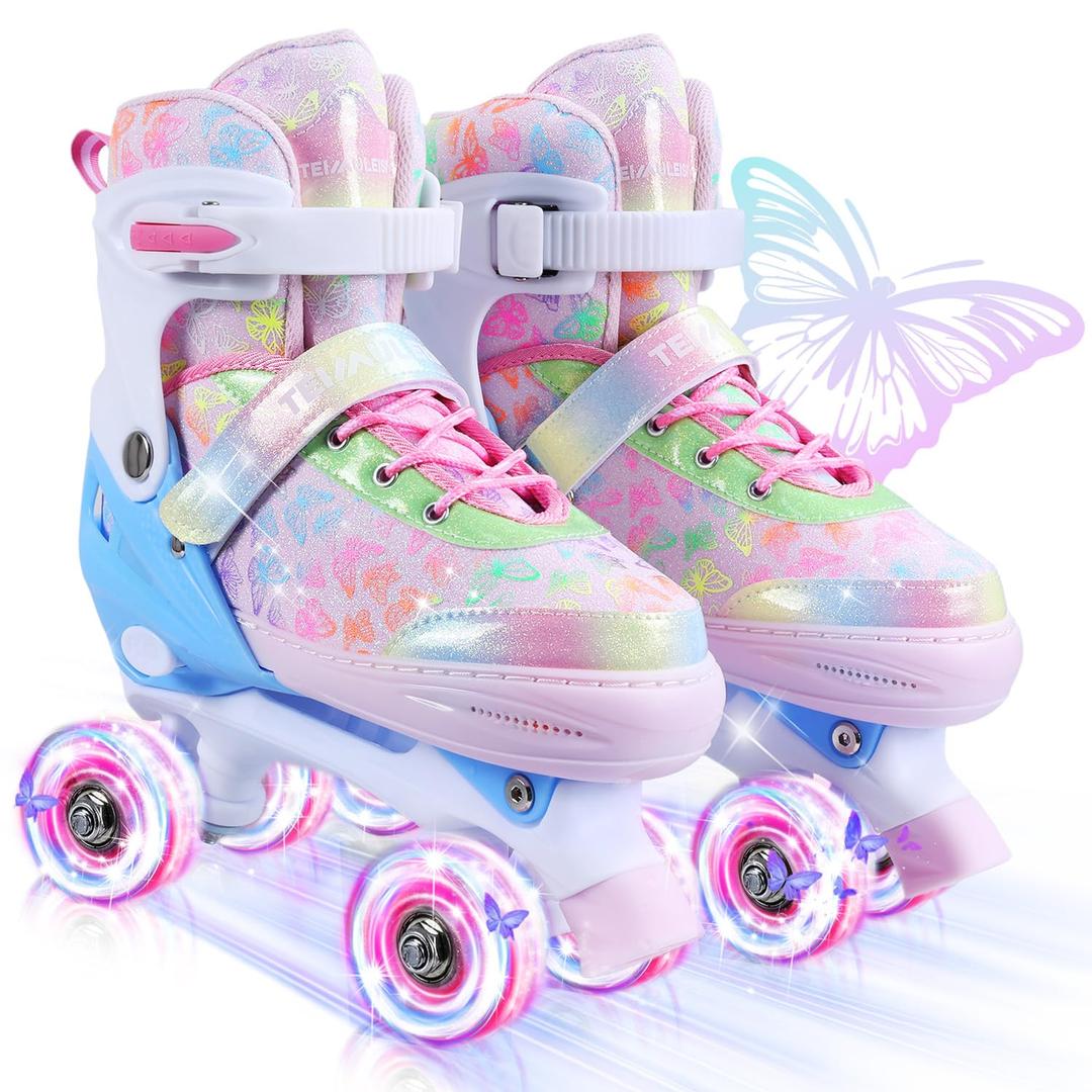 Kids Roller Skates, 4 Size Adjustable Quad Skates with All Light Up Wheels, 10C to 8 Rollerskates for Toddlers, Beginners, Boys, Girls, Outdoor, Indoor, M