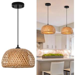 DELIPOP Pendant Light, Rattan Pendant Light Boho Light Fixtures Ceiling Hanging, Bamboo Woven Wicker Light Fixtures Ceiling Hanging for Kitchen, Living Room, Dining Room, Bedroom (Yellow) 1 Pc