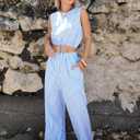 EXLURA Womens 100% Cotton 2 Piece Outfits Stripe Drawstring Crop Tank Tops Wide Leg Pant Sets Faux Linen Summer Cruise Beach (Blue, L)