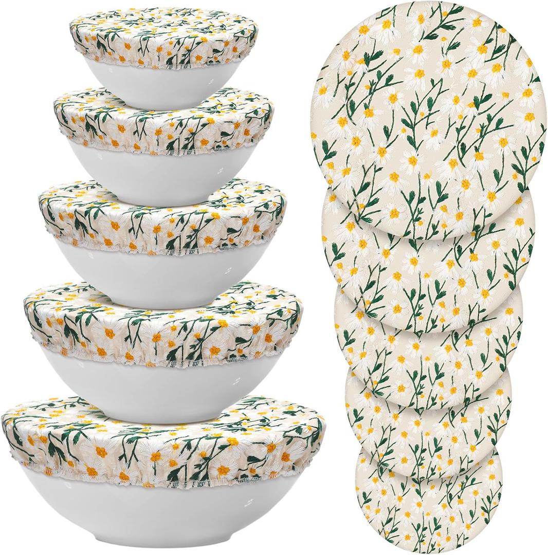 Patelai 10 Pcs Bowl Covers Reusable in 5 Size Stretch Cloth Fabric Elastic Food Storage Bowl Covers Bread Sourdough Lids for Proofing Food Fruits Leftover(Yellow, Green, White,Chrysanthemum)