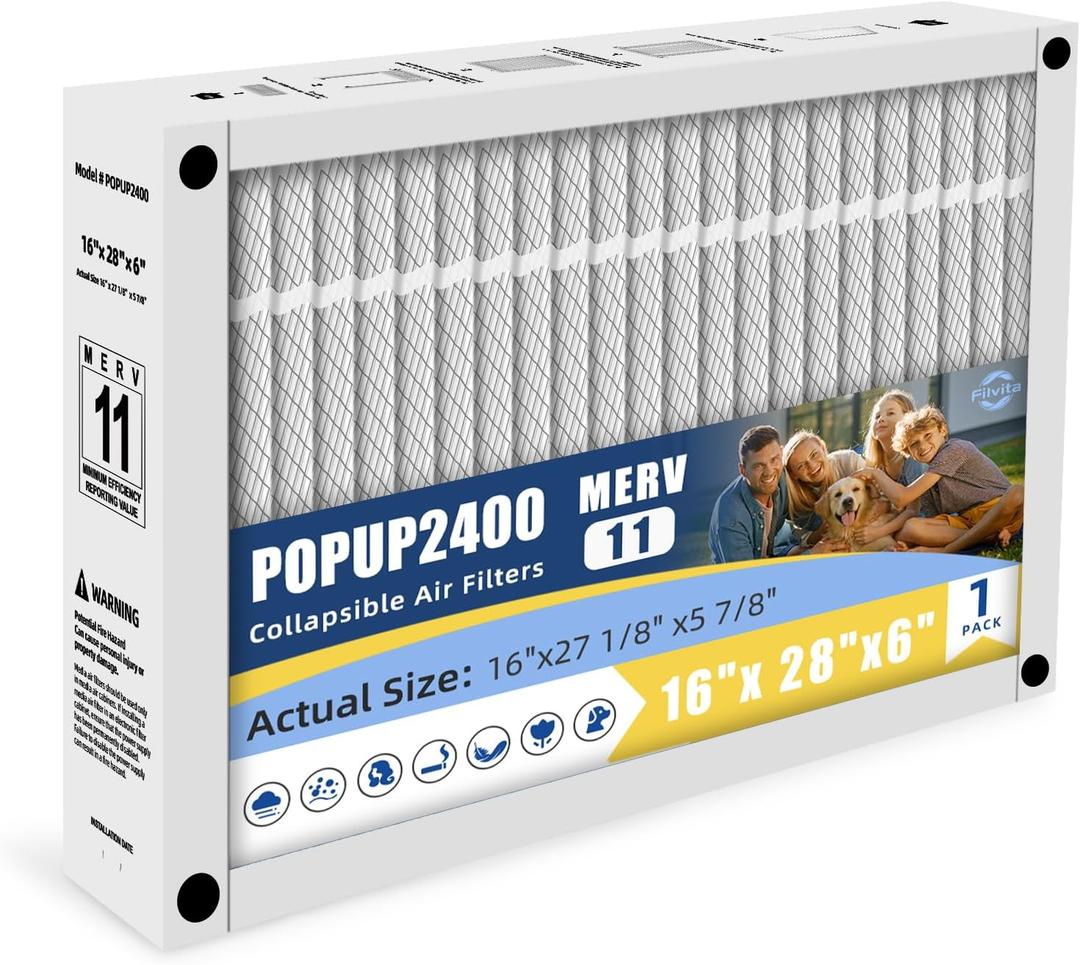 16x28x6 MERV 11 Furnace Filter Replacement Compatible with Honeywell POPUP2400 Foldable Design Durable AIr Filter Actual Size 16x27.13x5.88(1-PACK)