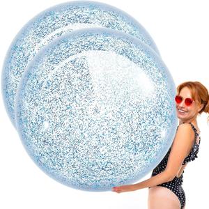 Junkin 2 Pcs 48'' Giant Sequins Beach Ball Inflatable Glitter Confetti Clear Large Jumbo Balls Water Beach Toys for Outdoor Summer Swimming Pool Party Favors(Blue)