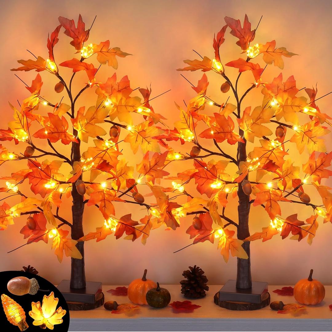 24 Inch Fall Maple Tree Fall Thanksgiving Decorations with Lights Lighted Artificial Tree with Pumpkin Acorn Maple Thanksgiving Table Decoration Centerpieces Indoor Friendsgiving Decor for Home