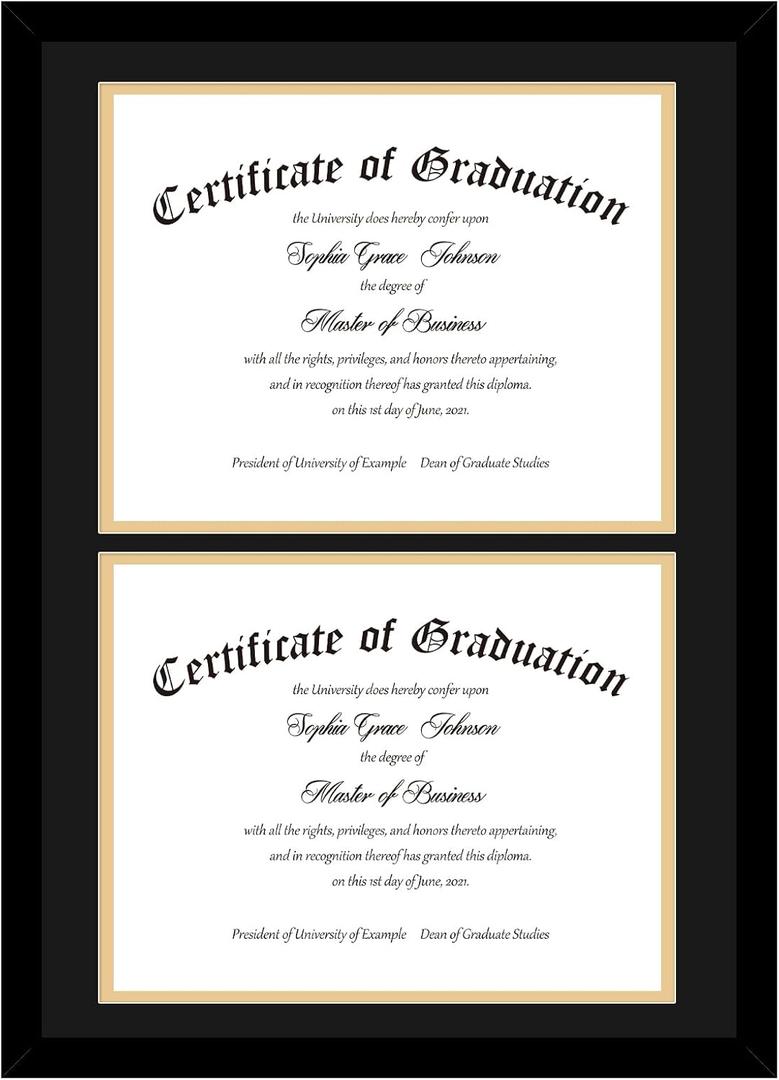 JCJMY Double 8.5x11 Diploma Frame, Classic Black and Gold Frame, Display Double Diploma 8.5x11 with Mat or 14x20 without Mat, Fit Document Picture Photo, Double Mat