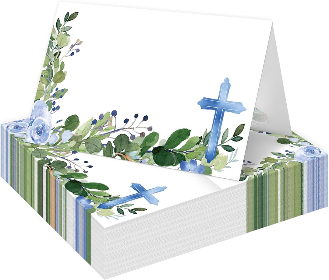 Baptism Table Place Cards, Greenery Place Cards for Table Setting, First Holy Communion Christening Religious Christening Celebration Fill-in Place Cards, 25 Pack -03