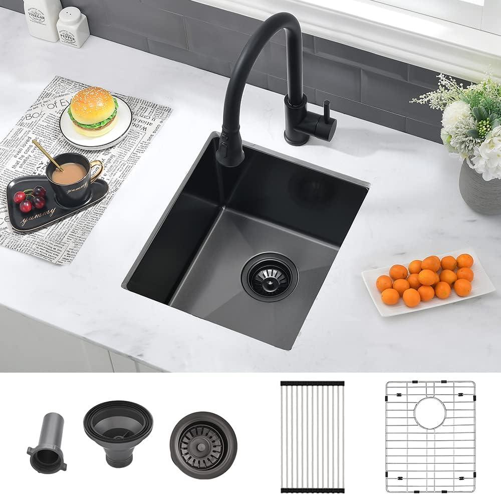 13 Black Bar Sink Undermount-VASOYO 13x15 Inch Undermount Bar Sinks Small Kitchen Sink for Bar Prep, Outdoor, Rv, 16 Gauge Stainless Steel Single Bowl Kitchen Basin with Bottom Grid