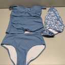 Girls Tankini Swimsuit 3 Piece Bathing Suits for Girl Square Collar Tankinis Set Girls' Swimwear with Print Shorts Gray Blue, 15-16 Years