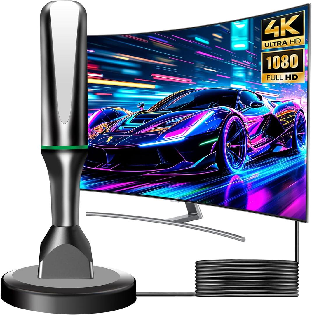 TV Antenna for Smart TV Indoor, 2026 HD Antenna with Strong Magnetic Base, 360&Long Range Reception TVs Antenna for Local Channels, Easy Setup Antennas for TVs Without Cable (Black+Green)