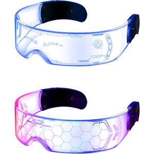 TOODOO 2 Pairs LED Visor Glasses 7 Colors Futuristic Glasses Light up Punk Accessories for Rave Party Costume