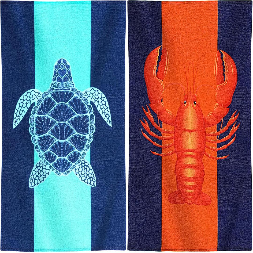 Genovega 2 Packs Oversized Terry Beach Towel 36 x 72 in Soft Extra Large Long Pool Swim Towels Clearance XL Big Travel Blanket Must Haves Vacation Essentials for Adult Turtle OrangeLobster
