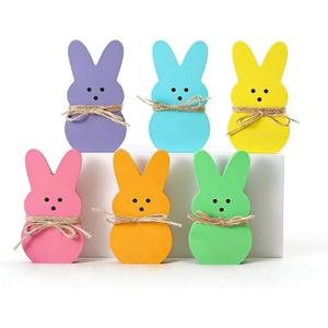 Easter Decorations,6 Pcs Bunny Table Decorations Wooden Spring Signs for Home,Cute Bunny Table Decor with Jute Twine Bow Spring Decorations for Home Room and Party Favors Easter Tiered Tray Tabletop Indoor Gift