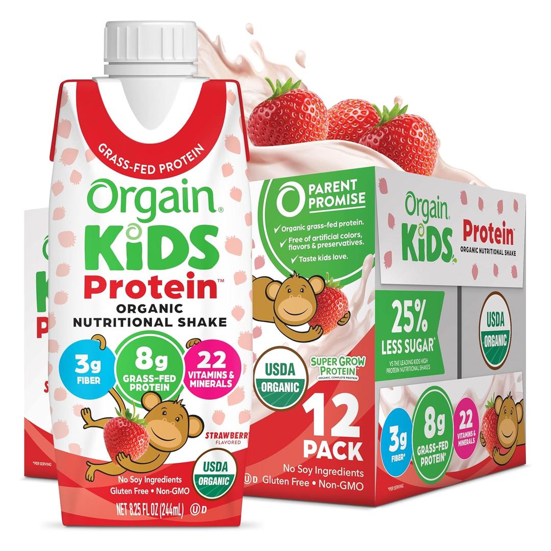 Orgain Organic Kids Nutritional Protein Shake, Strawberry, Healthy Kids Snacks, 8g Dairy Protein, 3g of Fiber, 22 Vitamins & Minerals, No Soy ingredients, Gluten Free, Non-GMO, 8.25 Fl Oz (Pack of 12)