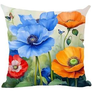 Ramirar Ink Oil Painting Watercolor Pink Yellow Poppy Flowers Green Buds Decorative Throw Pillow Cover Case Home Living Room Bed Sofa Car Cotton Linen Square 18 x 18 Inches, 2 Pack