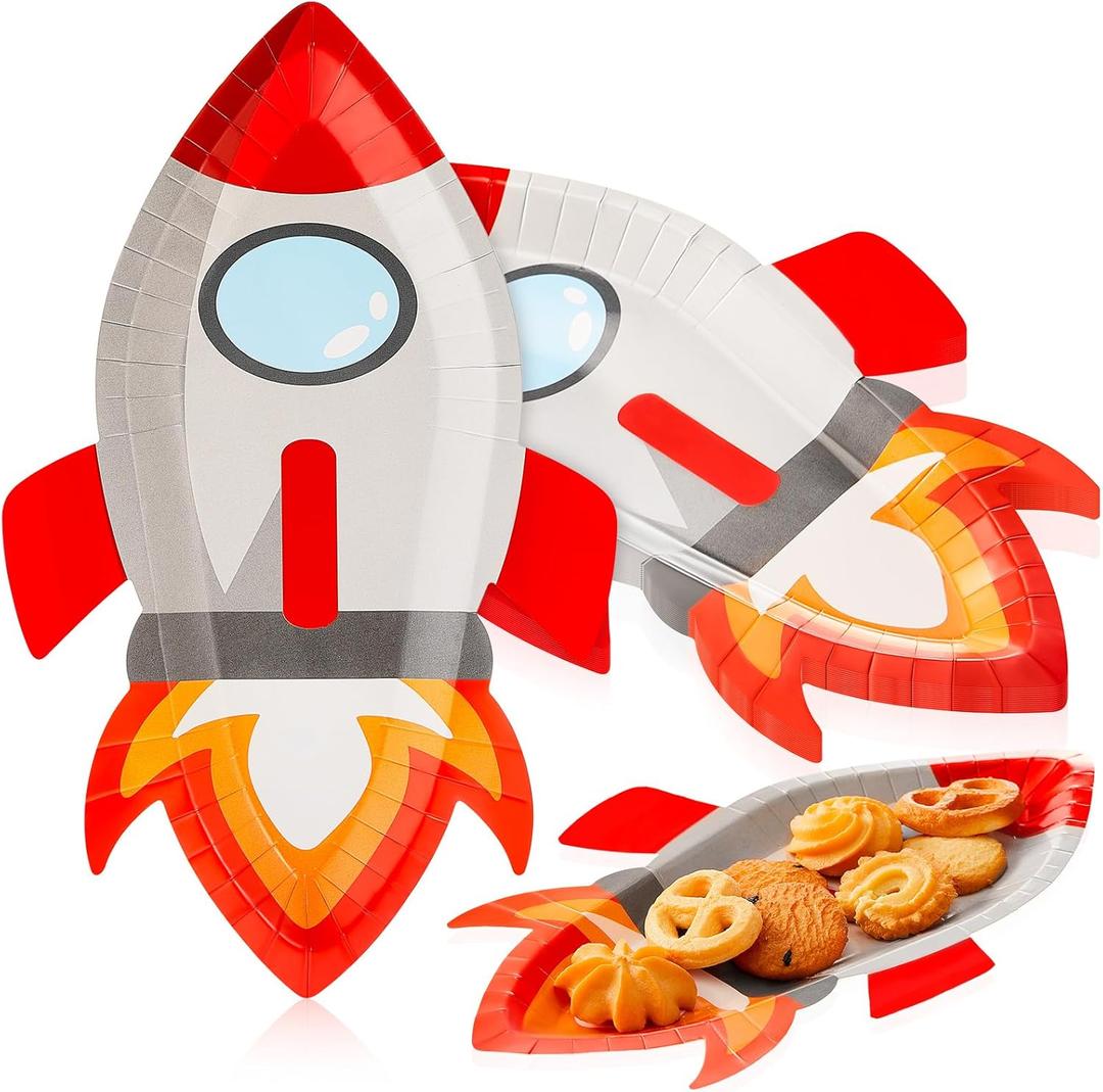 meekoo 24 Pcs Astronaut Rocket Shaped Party Paper Plates Rocket Ship Theme Astronaut Party Decorations for Dinner Dessert Picnic Birthday Wedding