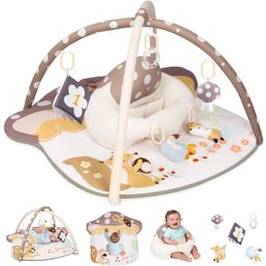 3-in-1 Baby Play Mat & Baby Seats for Infants for Sitting Up, Tummy Time Gym Activity Mat with 5 Detachable Toys, for Babies 0-6-12-18 Months, Newborn Babies Shower Gifts(Khaki)