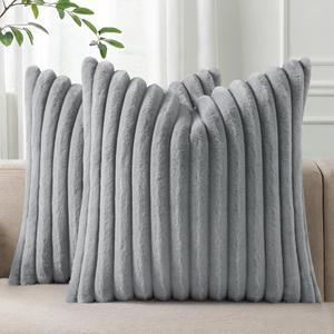 Pallene Faux Fur Plush Throw Pillow Covers 20x20 Set of 2, Luxury Soft Fluffy Striped Decorative Pillow Covers for Sofa, Couch, Living Room, Grey