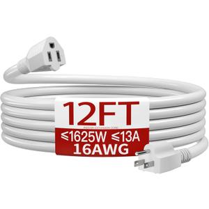 16/3 Indoor Extension Cord 12 FT, White Extension Cord Flexible & Durable, 3 Prong Power Cable, Suitable for Home and Office, 13 Amp 1625 Watt 125VAC 16AWG, ETL Listed