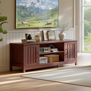 ChooChoo 54" Farmhouse TV Stand for TVs up to 65 inches, Entertainment Center with Storage Cabinets, Open Shelves and Fluted Door, TV Console Table for Living Room, Bedroom, Walnut, 15.35"D x 53.94"W x 19.69"H