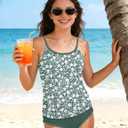 AGAPENG Girls Swimsuit Teen Swimsuits for Girls 12-14 Floral Print Tankini Swimsuit Contrast Trim 2 Piece Bathing Suit for Teen Girl Ruched Swimwear Adjustable Straps Pad Green 13-14 Years