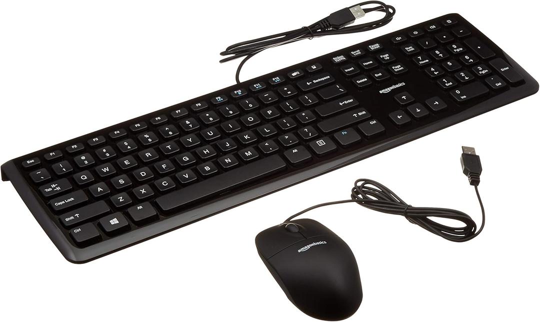 Amazon Basics Wired USB Computer Keyboard and Mouse Bundle, Full-Sized, QWERTY Layout, Responsive Keys for Comfortable Typing with Volume Control, Black