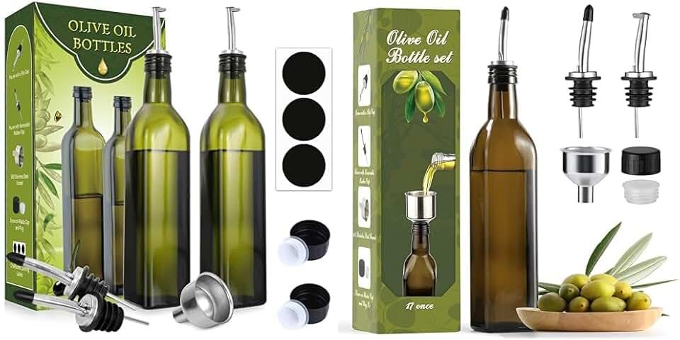 AOZITA [1PACK 17 oz Glass Olive Oil Dispenser Bottle Set - 500ml Dark Green Oil & Vinegar Cruet Bottle & 17oz Glass Olive Oil Dispenser - Oil and Vinegar Cruet Bottle with Stainless Steel Pourers