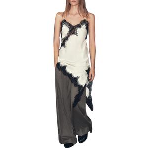Women Silk Satin Extra Long Camisole Lace Asymmetrical Trim Cami Tank Crop Tops Y2k Silky High Low Lace Slip Dress Small