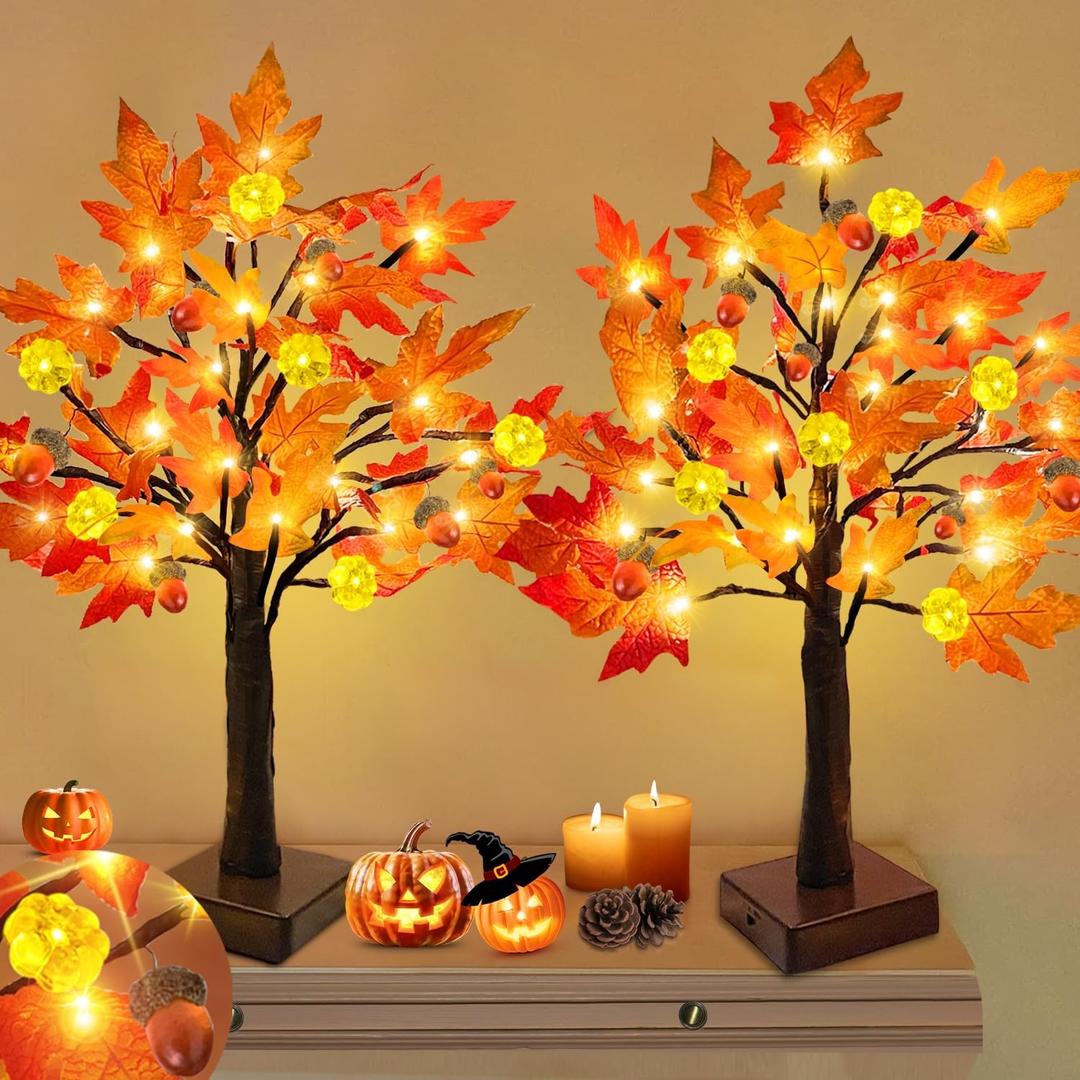 Thanksgiving Decorations-2 Pack 24 Inch Prelit Fall Lighted Maple Tree 48 LED Timer Table Lights, Acorn Pumpkin Lights Battery Operated for Wedding Party Gifts Autumn Harvest Home Decor Indoor Outdoor