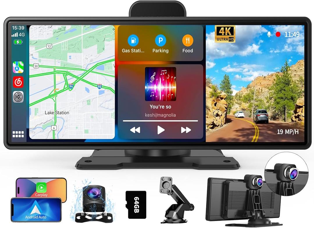 10.26" Apple Carplay Screen for Car, Portable Wireless Apple Carplay & Android Auto with 4K Dash Cam and 1080p Backup Camera, Car Audio Receivers GPS Navigation, Voice Control,Bluetooth,Mirror Link, FM