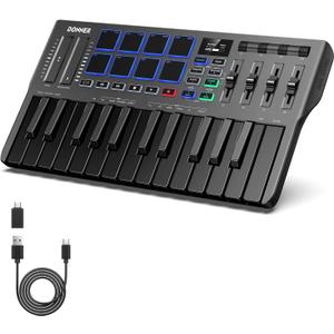 Donner USB-C MIDI Keyboard Controller, 25 Key Portable Mini MIDI Keyboard with 8 Drum Pads, OLED Display, 16 Smart Scales, Arpeggio, Replay, 4 DAW Software and 40 Teaching Courses, DMK 25 Pro Black