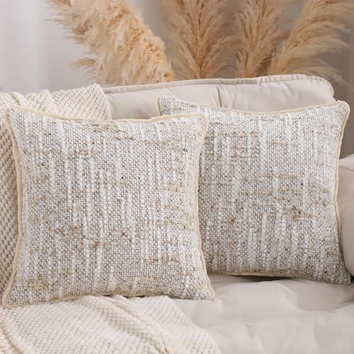 LUOYEHK Chenille Throw Pillow Covers 18x18 Set of 2 Boho Pillow Cases with Fringe Tassels Farmhouse Square Decorative Pillows Texture Neutral Cushion Covers for Couch Sofa Bed Living Room, Cream