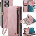 Defencase Compatible with iPhone 16 Pro Case Wallet with RFID Blocking Card Holder for Women Men, PU Leather Magnetic Snap Flip Zipper Strap Wallet Phone Case Fit for iPhone 16 Pro 6.3", Rose Pink