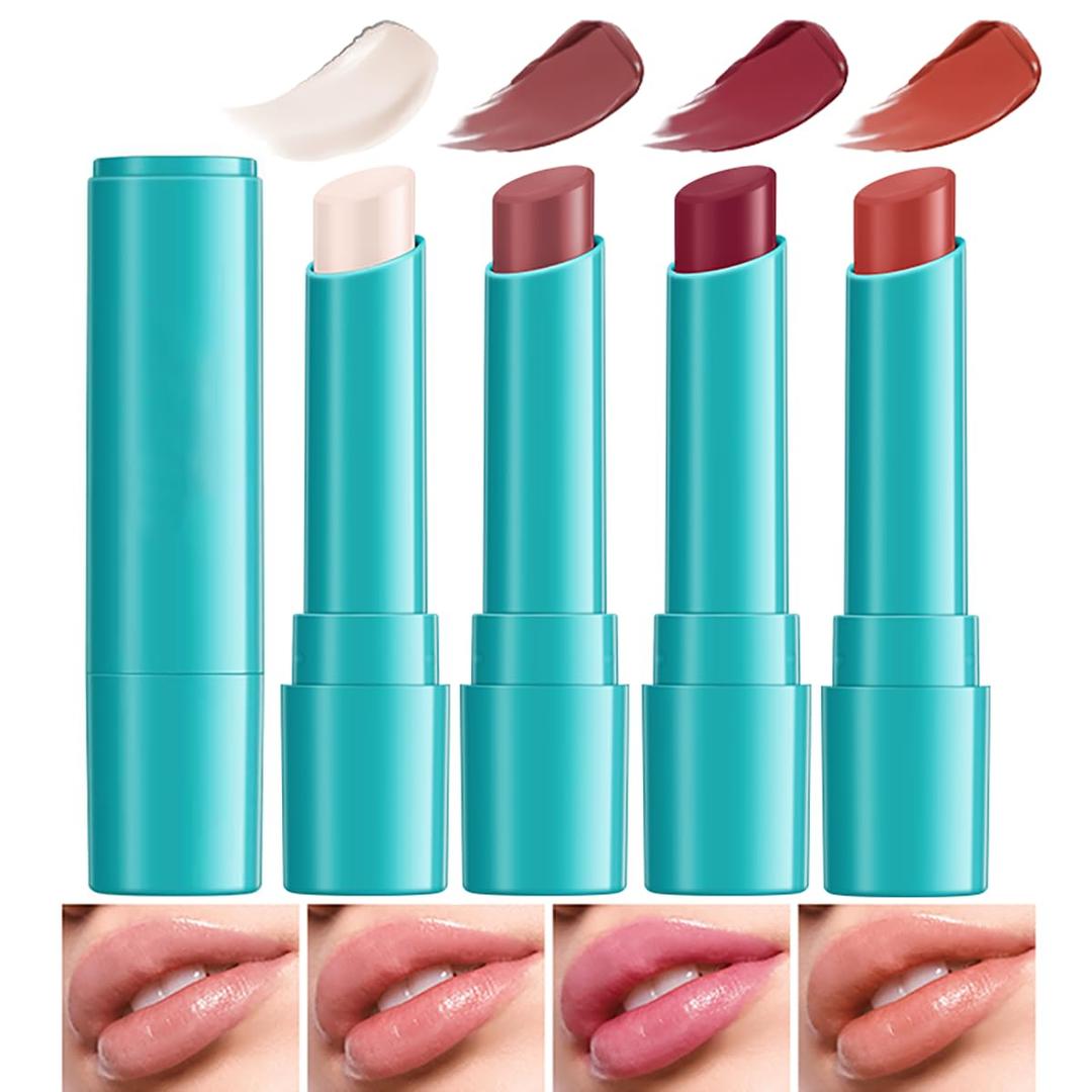 4Pcs Hydrating Lip Tint Lipstick Set of Red and Nude, Long-Lasting Matte Finish Moisturizing Tinted Lip Balm, Natural Ingredients Vitamin E Watery Lip Gloss Lipstick for Women and Girls