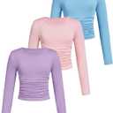 SOLY HUX Girl's 3 Piece T Shirt Crew Neck Long Sleeve Ruched Crop Tops Slim Fit Solid Basic Tee