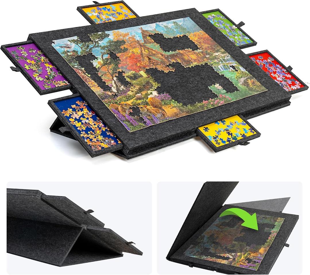 Lavievert 1500 Piece Tilting Jigsaw Puzzle Board with 2-in-1 Puzzle Stand & Cover, Lightweight Puzzle Boards with 6 Drawers, Portable Felt Jigsaw Table Puzzle Storage for Adults - Dark Gray