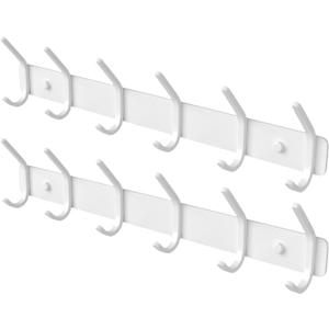 Coat Rack Wall Mount Hooks - 15 Inch Matte White Metal 6-Hook Organizer Wall Mounted, Modern Kids Room, Entryway & Bathroom Hanger for Beach Towels, Coats, Purses, Bags (2 Pack)