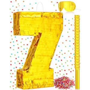 Sratte Piata Birthday Party Decorations Gold Foil Piata with Stick Blindfold Confetti for Boy Girl Birthday Anniversary Celebrations Fiesta Supplies(Number 7)