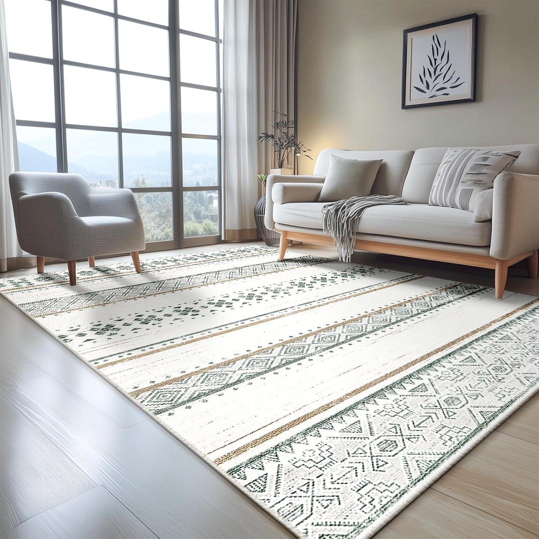 BESTSWEETIE 4x6 Area Rugs for Living Room Washable Moroccan Farmhouse Neutral Geometric Low Pile Non-Slip Soft Print Pattern Rug for Bedroom Kitchen Dining Room Entryway Green/Brown