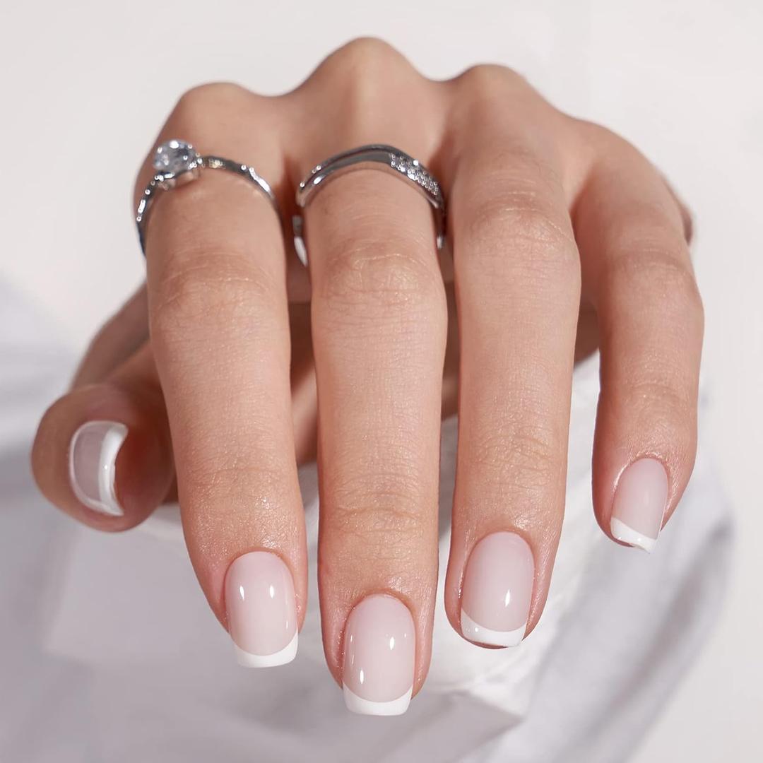 BTArtbox Press On Nails - White French Tip Press on Nails Square, Glue On Nails for Wedding Gift, Supremely Fit & Natural Stick On Nails in 15 Sizes - 30 Fake Nails Kit, Classic French