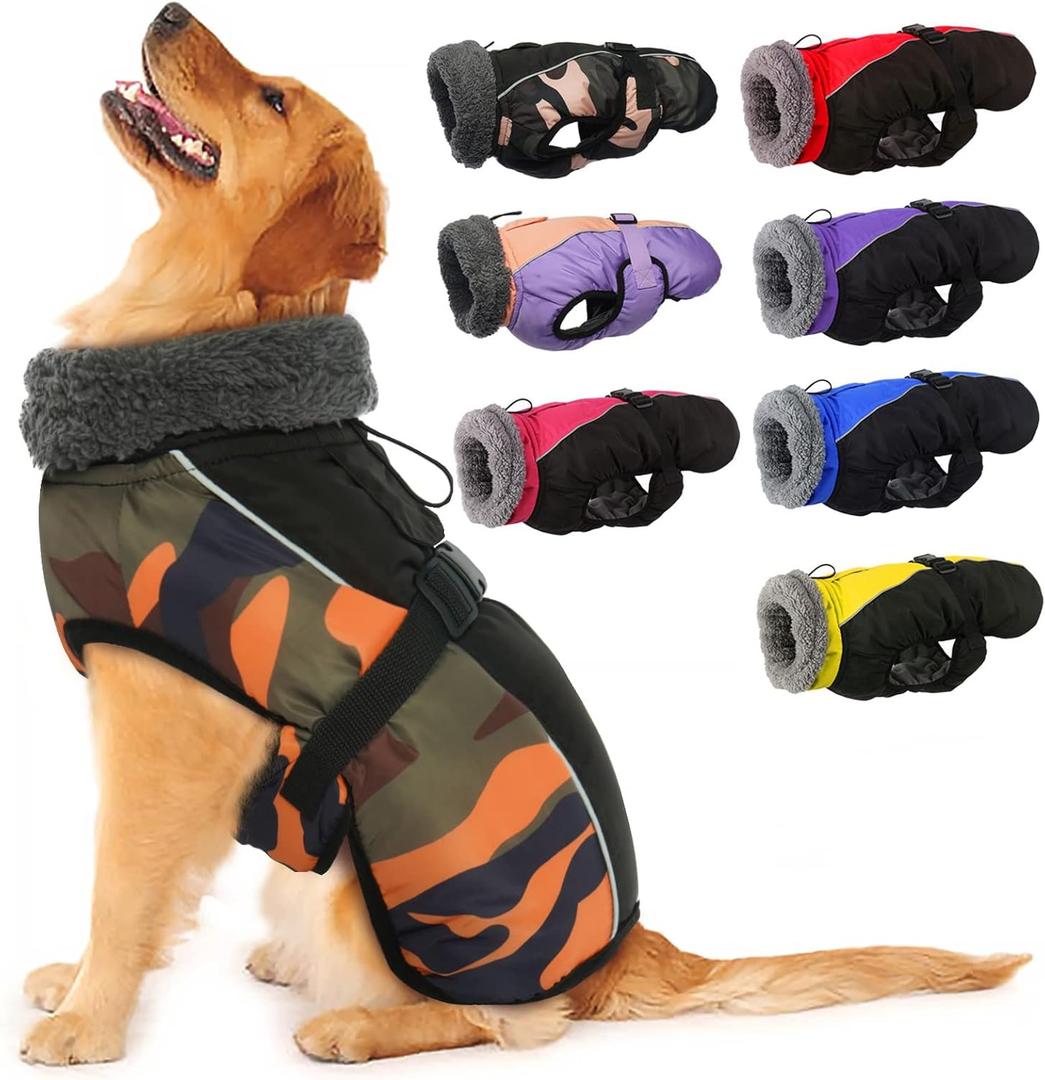 IECOii Extra Warm Dog Coat - Reflective Adjustable Jacket for Cold Weather, Soft Fleece Turtleneck Winter Coat for Small to Extra Large Dogs (XXX-Large(Chest:35.04-41.3 in), Orange Camo)